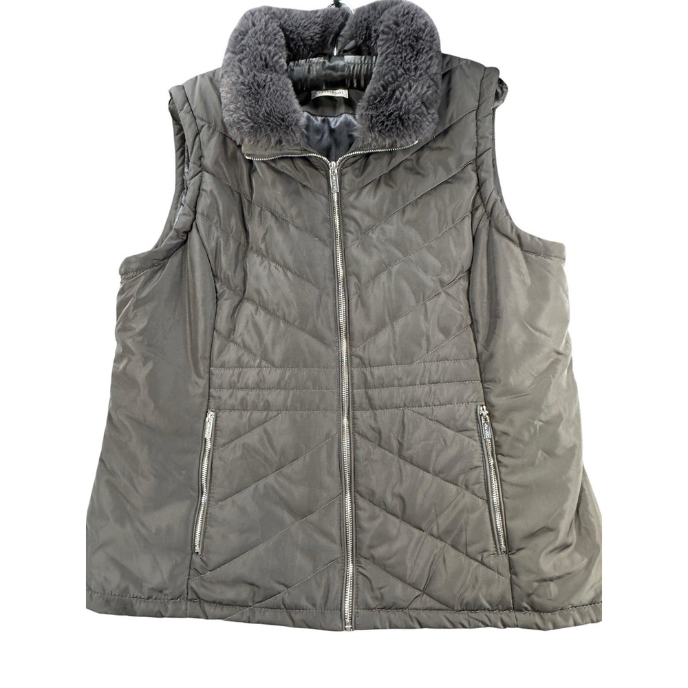 Calvin Klein Womens Puffer Vest Black Quilted Faux Fur Collar Zip Size Unknown